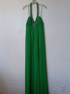 Faviana Green Beaded Halter Maxi Dress